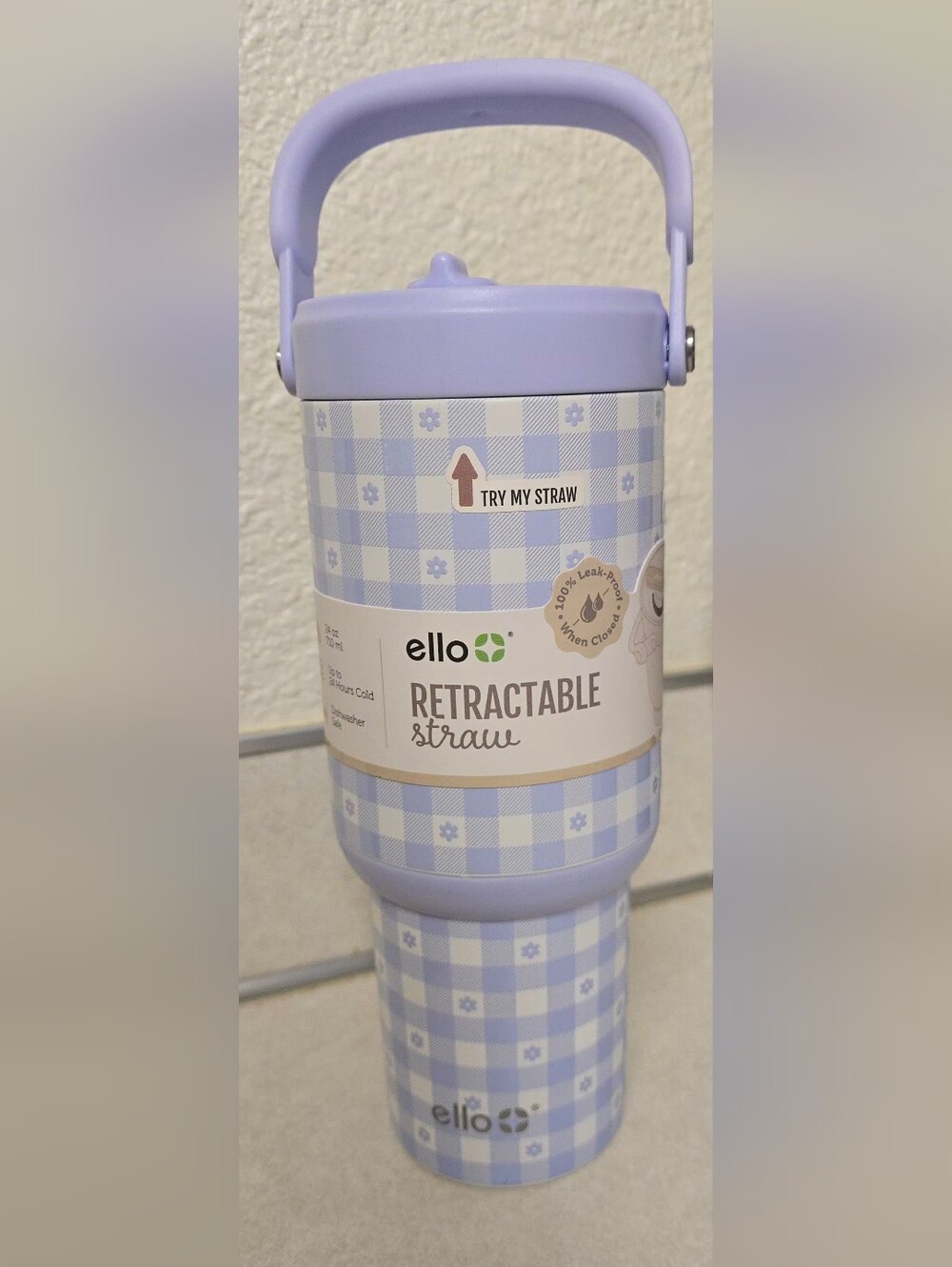 NWT - Ello Oasis Go 24oz Gingham Flower Blue Tumbler